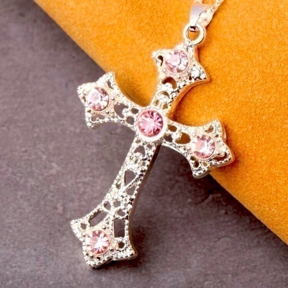 Pink CZ Cross Pendant With Chain - Picture 1 of 5